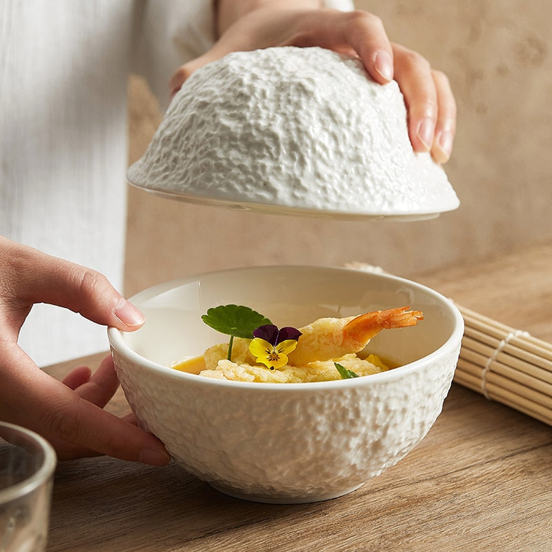 Ceramic Bowl with Lid Restaurant Creative Rock Texture